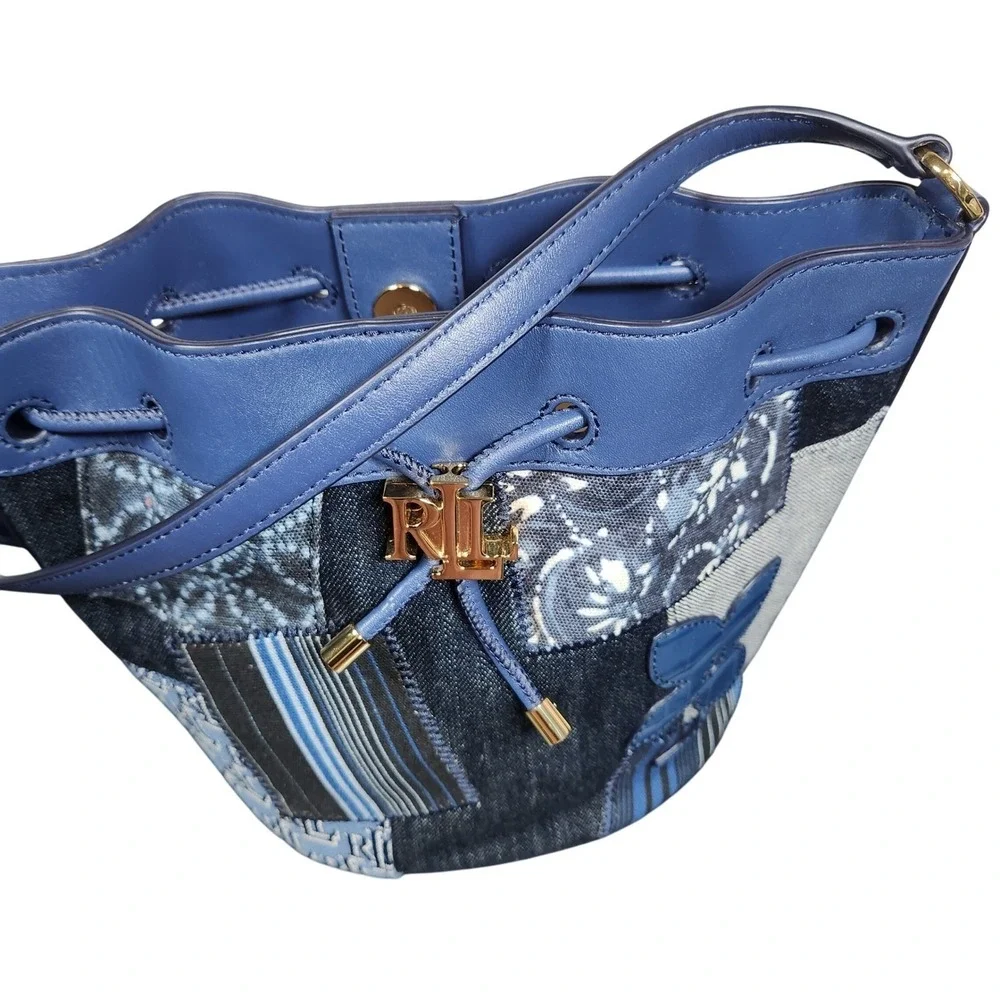Lauren Ralph Lauren Denim Patchwork Andie Butterfly Bucket Bag Blue Gold NW $295